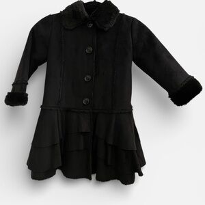 Girls Chic Black Coat with Tiered Hem and Faux Fur Lining and Trim Size 6